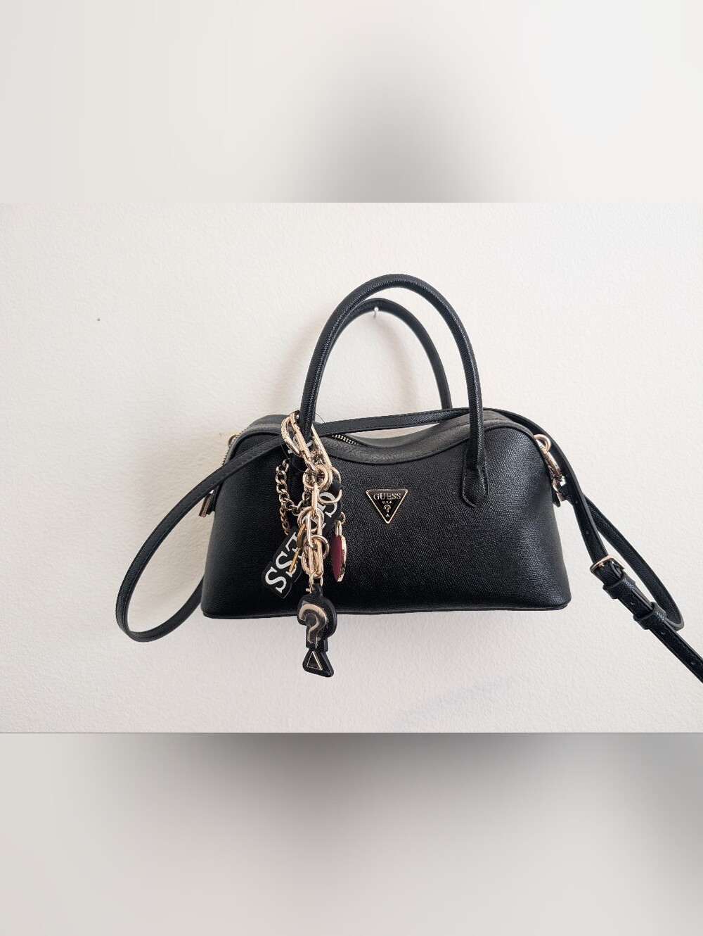 NWT GUESS Black Dome Satchel with Gold Charm Chain
